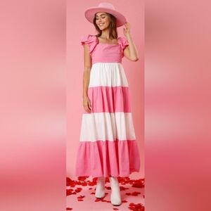 Peach Love Pink Color Block  Tiered Dress Large With Pockets